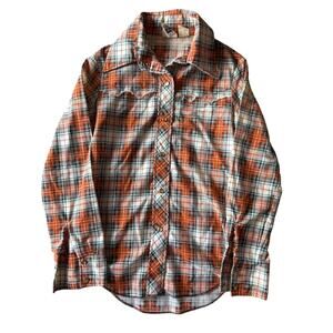 Vtg Cowboy Collection USA Made XS Orange Brown Plaid Pearl Snap Western Shirt